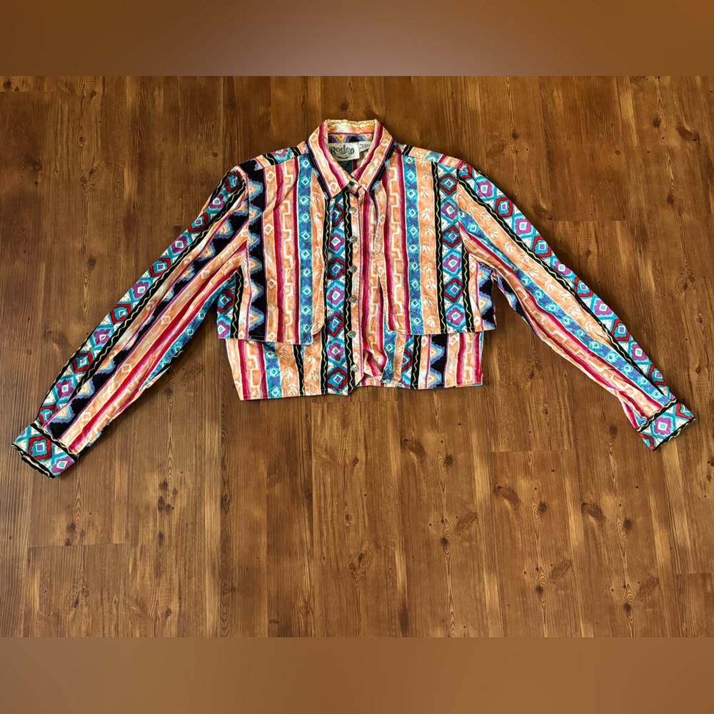 Vintage 80s Rodeo Western Wear Colorful Cropped Collared Jacket Medium Women’s